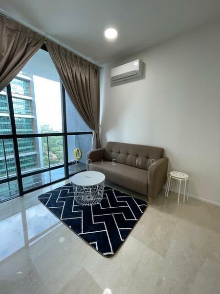 Living features: 3-seater fabric sofa in beige, white round coffee table, area rug with geometric pattern in navy and white, floor-to-ceiling windows, curtains in beige, wall-mounted split AC, polished marble flooring, decorative wall with neutral paint; style: modern; view: city.