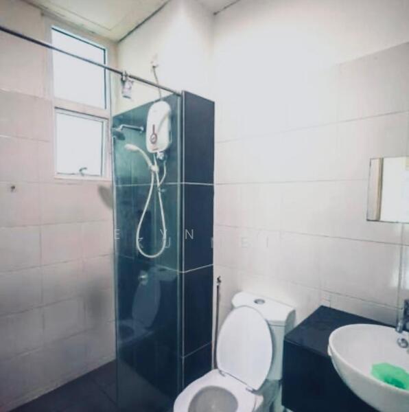 Bathroom features: shower with glass enclosure, wall-mounted shower head, toilet, sink with pedestal, mirror, white tiled walls, dark tiled flooring, two windows, chrome faucet; style: modern.