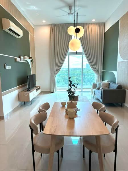 Dining features: wood dining table, 4 dining chairs, pendant light fixture, floor-to-ceiling windows, curtains, green accent wall, light wood paneling, marble tile flooring, wall-mounted TV, air conditioning unit, sofa in living area; style: modern; view: city.