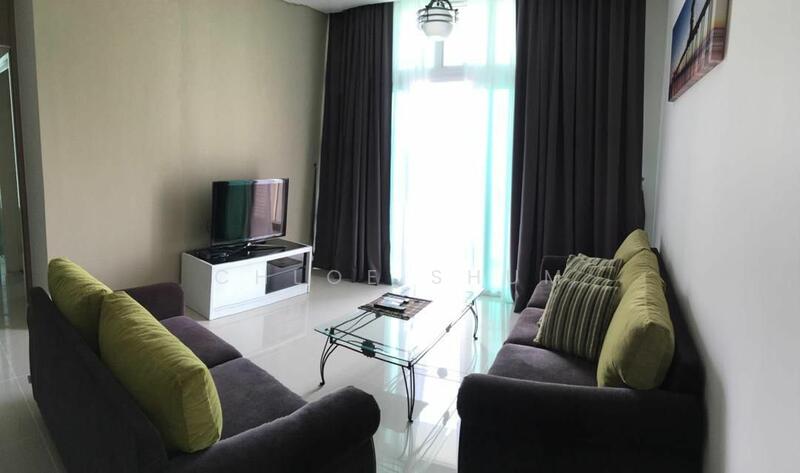 Living features: 2-seater fabric sofa in grey, 3-seater fabric sofa in grey, green accent cushions, glass coffee table, white TV console, wall-mounted TV, floor-to-ceiling windows, sheer curtains, dark grey curtains, light-coloured walls, polished tile flooring, pendant light fixture; style: modern.