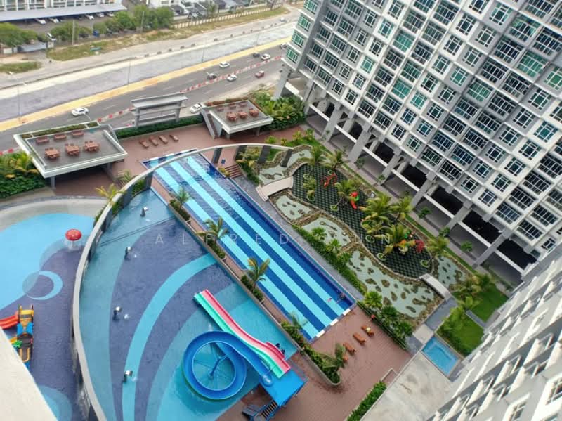 Exterior type: high-rise condominium; features: infinity pool, lap pool, children's water slide, pool deck with loungers, landscaped garden with water features, tropical landscaping with palm trees, children's playground, jogging track, surrounding road access, multiple seating areas, water play area; style: modern.