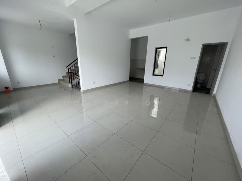 Room features: white painted walls, polished ceramic tile flooring, large windows, staircase with black railing, doorway leading to bathroom, doorway leading to kitchen, ceiling lights, open layout; style: modern.