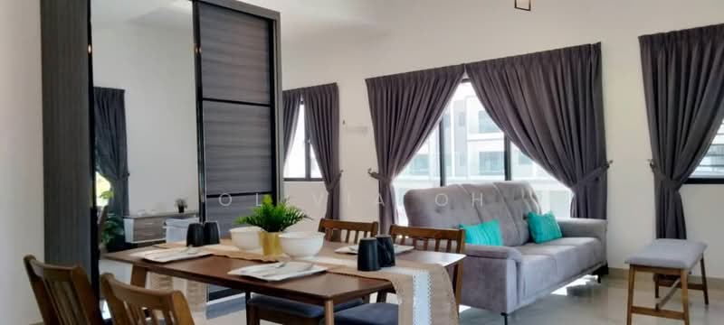 Living features: grey fabric sofa, wooden dining table, 4 wooden dining chairs, decorative cushions in teal, floor-to-ceiling windows, sheer curtains, blackout curtains, light fixture, decorative plant in ceramic pot, area rug, wall-mounted mirror, wooden bench; style: modern.