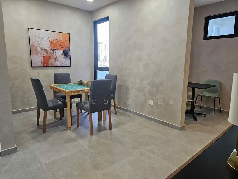 Dining features: square dining table, 4 dining chairs with grey upholstery, light grey tiled flooring, textured grey walls, large window providing natural light, abstract artwork on wall, ceiling light fixture; style: modern; view: city. Room features: small round table, 2 chairs, grey walls, window with view.