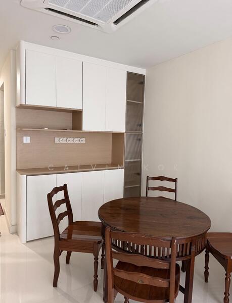 Dining features: round wooden dining table, 4 wooden dining chairs, white cabinetry, light wood paneling, built-in kitchen counter, recessed ceiling lights, air conditioning vent, cream painted walls, glossy tile flooring; style: modern.