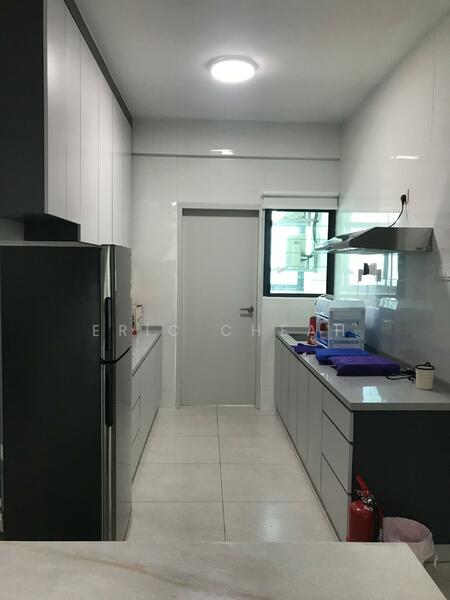 Kitchen features: grey cabinetry, white upper cabinets, stainless-steel fridge, built-in oven, stainless-steel range hood, white tiled backsplash, countertop with integrated sink, ceramic tile flooring, recessed ceiling lights, window with view to outside, fire extinguisher, door leading to utility area; style: modern.