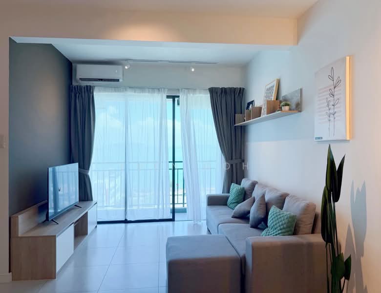 Living features: light grey fabric sofa, green accent cushions, flat-screen TV on wooden TV console, floor-to-ceiling windows, sheer curtains, sliding glass door, air conditioning unit, wall-mounted shelf with decorative items, tile flooring, decorative plant; style: modern; view: city.