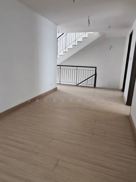 Room features: light wood laminate flooring, white painted walls, staircase with metal railing, ceiling with exposed wiring, large open space, natural light from windows, no visible furniture; style: modern.