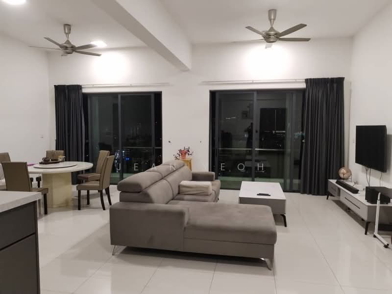 Living features: 3-seater fabric sofa in grey, coffee table, wall-mounted TV, TV console, dining table for 4, 4 dining chairs, floor-to-ceiling windows, blackout curtains, 2 ceiling fans with light, white painted walls, glossy tile flooring, decorative wall art; style: modern; view: city.