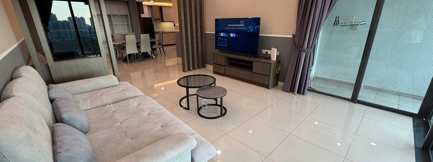Living features: L-shape sectional sofa in light grey, coffee table with black frame, wall-mounted TV, TV console in wood finish, floor-to-ceiling windows, sliding glass door, white painted walls, glossy tile flooring, curtains in grey fabric, decorative wall paneling, open layout to dining area; style: modern; view: city. Dining features: 6-seater dining table, upholstered dining chairs, open layout to living area; style: modern; view: city.