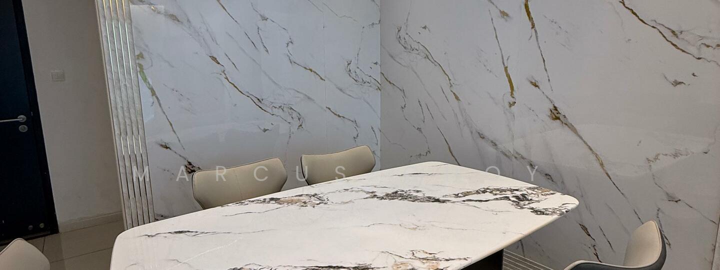 Dining features: marble dining table, 4 white dining chairs, white walls with marble pattern, glossy floor tiles, recessed lighting, corner wall with marble cladding; style: modern.