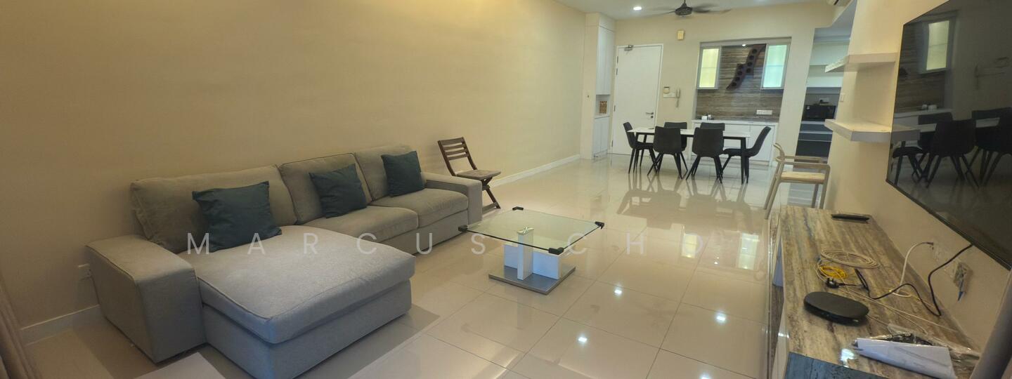 Living features: 3-seater fabric sofa in grey, sectional sofa, glass coffee table, TV console, wall-mounted TV, dining table for 4, 4 dining chairs, white painted walls, glossy tile flooring, recessed downlights, ceiling fan, open layout to kitchen; style: modern.