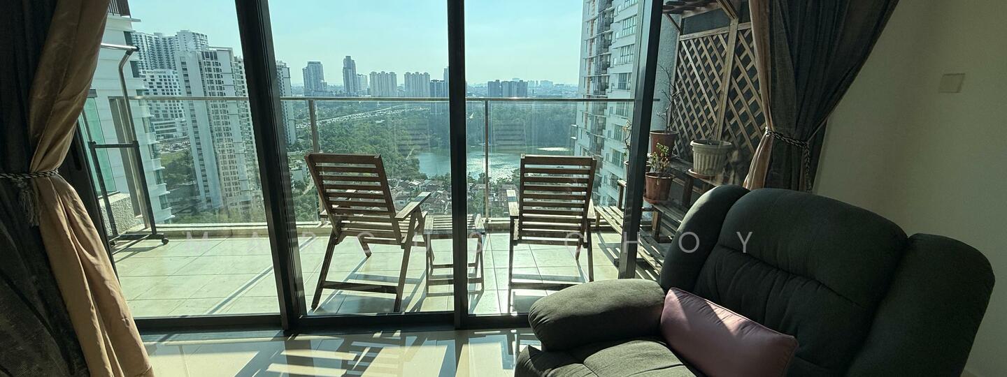 Living features: floor-to-ceiling windows, sliding glass door, balcony with city view, two wooden lounge chairs, curtains, reclining sofa in dark fabric, decorative throw pillow, tile flooring; style: modern; view: city.