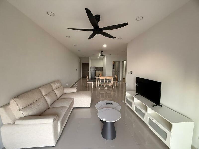 Living features: 3-seater fabric sofa in beige, coffee table with white top, TV console with storage, wall-mounted TV, 5-blade ceiling fan with light, recessed downlights, grey tiled flooring, neutral painted walls; style: modern.