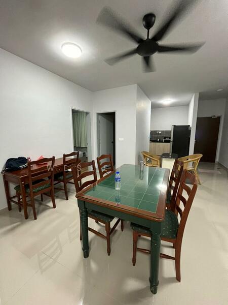 Dining features: 8-seater dining table with green tabletop, wooden dining chairs, ceiling fan, white painted walls, glossy tile flooring, refrigerator visible in background, doorway leading to kitchen, window with sheer curtains; style: modern. Room features: doorway leading to another room, open layout to kitchen area.
