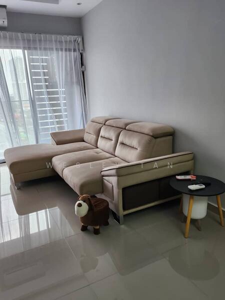 Living features: L-shape sectional sofa in beige, glass coffee table, floor-to-ceiling windows, sheer curtains, polished tile flooring, decorative wall with light, small side table, plush toy on floor; style: modern.