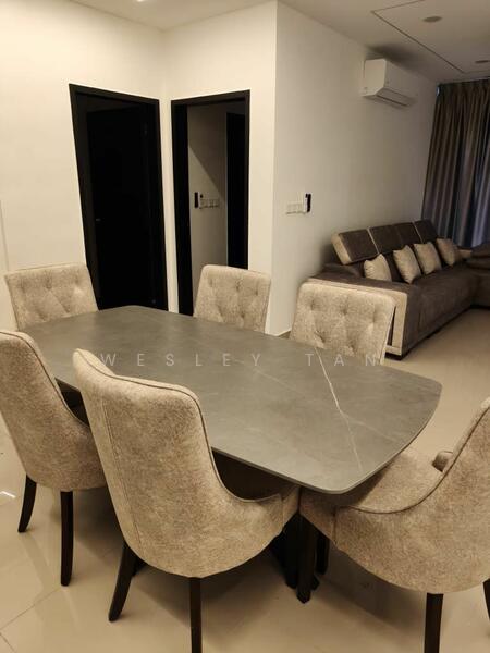 Dining features: 6-seater dining table with grey marble top, upholstered dining chairs in light beige, white painted walls, recessed downlights, floor-to-ceiling windows with sheer curtains, light-coloured tiled flooring, air conditioning unit on wall, neutral-coloured sofa in background; style: modern.