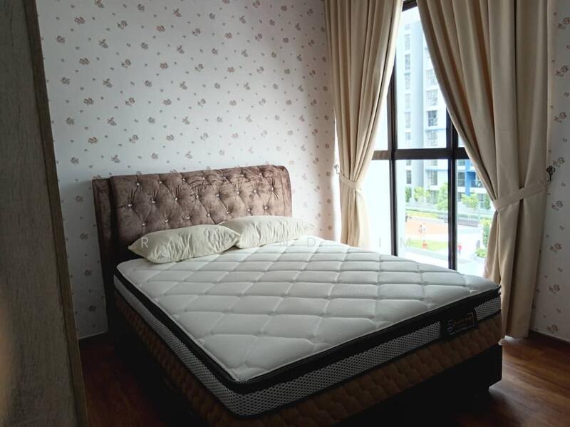 Bedroom features: queen-size bed, upholstered headboard in brown, floral wallpaper, wooden flooring, floor-to-ceiling window, sheer curtains, decorative pillows, natural light; style: modern; view: garden.