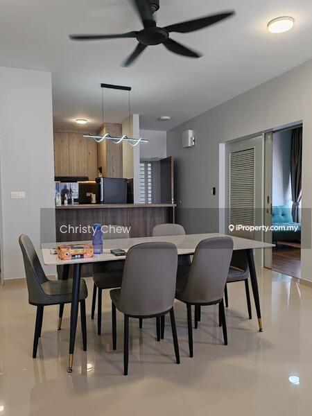 Dining features: 6-seater dining table, grey upholstered dining chairs, pendant lamp, 5-blade ceiling fan, polished concrete flooring, open kitchen layout, wood cabinetry in background, recessed downlights, wall-mounted air conditioning unit, decorative wall paneling; style: modern.