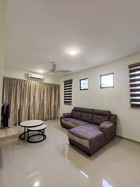 Living features: 3-seater fabric sofa in grey, round coffee table with black base, wall-mounted TV, floor-to-ceiling curtains in beige, sliding windows with wooden blinds, 1 wall-mounted split AC, recessed ceiling lights, glossy tile flooring in light beige, neutral painted walls, ceiling fan with light; style: modern.