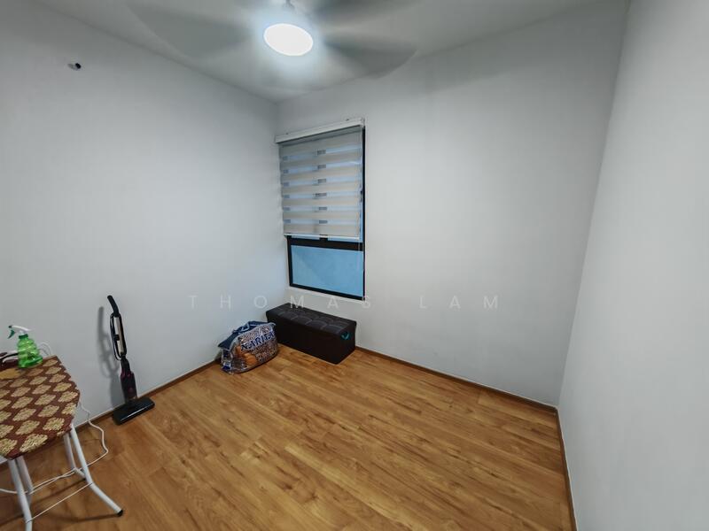 Room features: white painted walls, wooden flooring, ceiling fan, window with roller blinds, vacuum cleaner, small table, box storage.