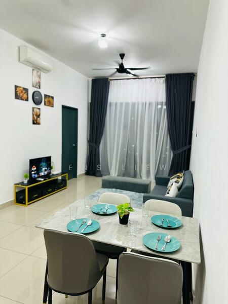 Dining features: 4-seater dining table with marble top, white dining chairs, decorative plant on table, cutlery and plates set on table, wall-mounted TV, grey sofa, floor-to-ceiling windows with sheer curtains, light grey wall, cream tiled flooring, 1 ceiling fan, 1 wall-mounted split AC; style: modern. Living features: grey sofa, floor-to-ceiling windows with sheer curtains, wall-mounted TV, cream tiled flooring, 1 ceiling fan, 1 wall-mounted split AC; style: modern.