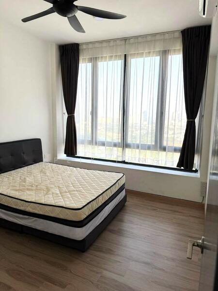 Bedroom features: queen-size bed, upholstered headboard, floor-to-ceiling windows, sheer curtains, blackout curtains, wooden flooring, ceiling fan, city view; style: modern; view: city.