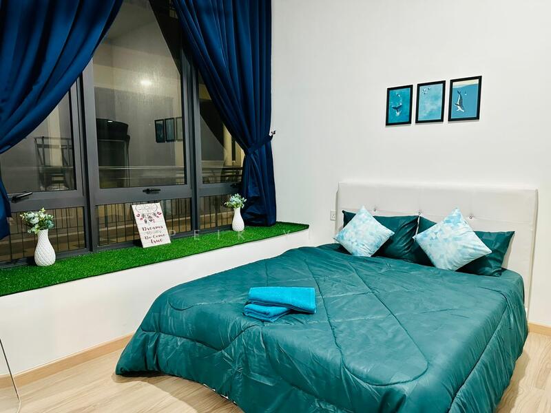 Bedroom features: queen-size bed with teal bedding, upholstered headboard, two decorative pillows in light blue, green grass-like window sill, floor-to-ceiling windows, dark blue curtains, framed artwork on the wall, wooden flooring, decorative vases on window sill, bedside towels in teal; style: modern.