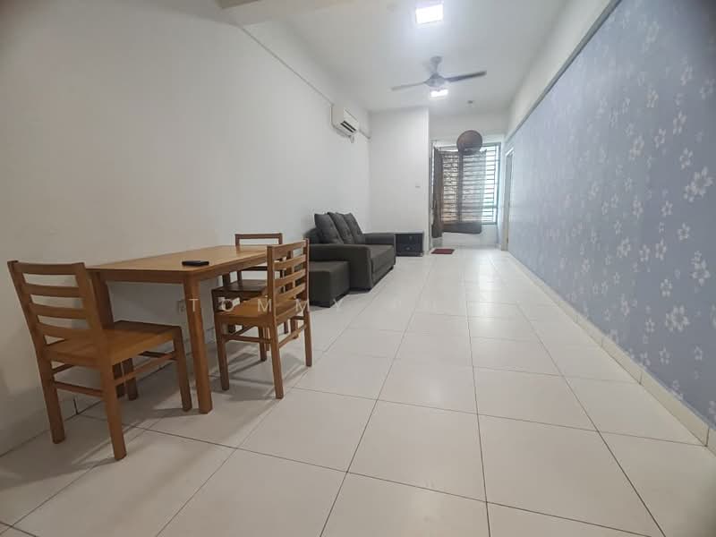 Living features: white painted walls, light blue accent wall with floral pattern, white tiled flooring, 5-blade ceiling fan, sofa in grey fabric, wooden dining table with 4 chairs, sliding glass door, natural light from window, decorative wall clock; style: modern.
