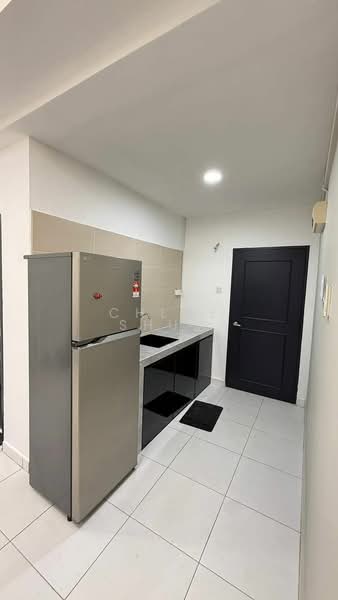 Kitchen features: stainless-steel fridge, double-bowl stainless-steel sink, chrome pull-down faucet, grey countertop, white tiled backsplash, black cabinetry, white tiled flooring, recessed LED downlights, wall-mounted electrical outlet, black door, white walls; style: modern.