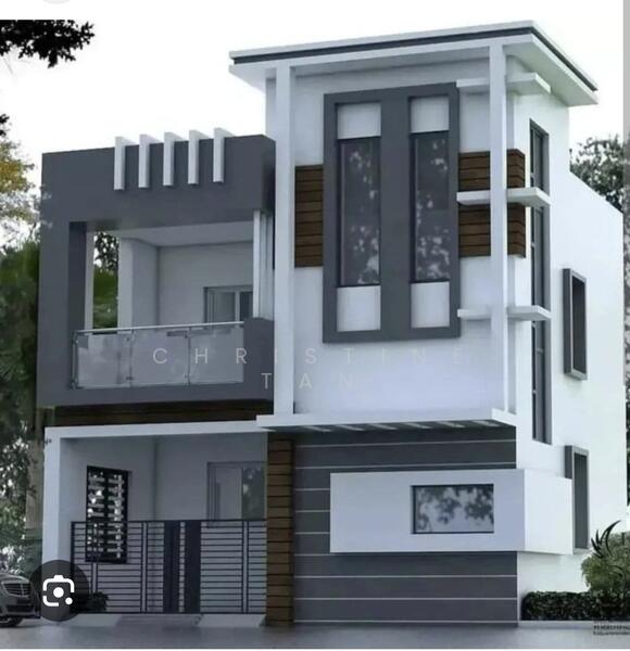 Exterior type: detached bungalow; features: white painted facade, grey accent wall, large floor-to-ceiling windows, recessed balconies, horizontal wooden slats, flat roof, modern architectural design, front gate with vertical bars, landscaped greenery, two-storey structure; style: modern.