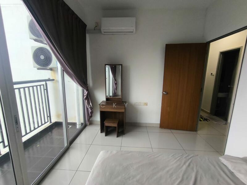 Bedroom features: floor-to-ceiling windows, sliding glass door to balcony, grey curtains, white walls, wall-mounted split AC, mirror with wooden frame, wooden dressing table, light-colored flooring, built-in wardrobe, door leading to hallway; style: modern; view: city.