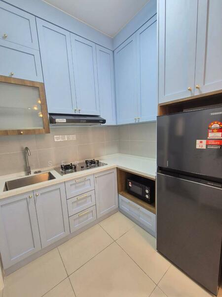 Kitchen features: light blue cabinetry, white countertop, stainless-steel sink, chrome pull-down faucet, built-in gas hob, built-in microwave, stainless-steel fridge, tile backsplash, ceramic tile flooring, under-cabinet lighting; style: modern.