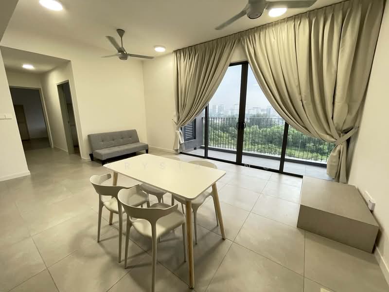 Living features: grey fabric sofa, 4-seater dining table, white dining chairs, floor-to-ceiling windows, curtains in light beige, tile flooring, ceiling fan with light, wall-mounted light fixtures, balcony access, view of greenery; style: modern; view: garden.