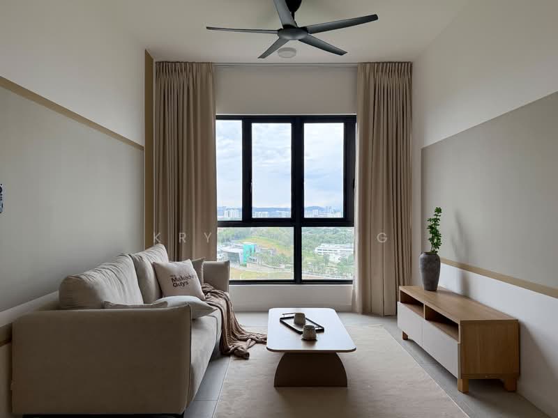 Living features: 3-seater fabric sofa in beige, wooden coffee table, floor-to-ceiling windows, sheer curtains, light-colored walls with accent stripe, recessed downlights, ceiling fan, decorative plant in ceramic pot, wooden sideboard; style: modern; view: city.