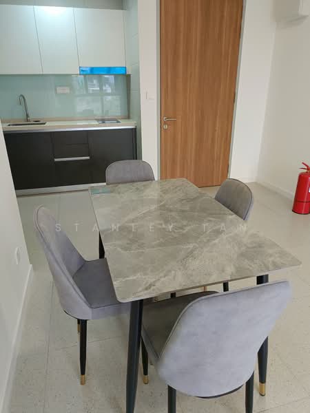 Dining features: 4-seater dining table with marble top, grey upholstered dining chairs, kitchen area visible in background, white cabinets, black lower cabinets, stainless-steel sink, built-in kitchen appliances, light-colored flooring, wall-mounted air conditioning unit; style: modern.