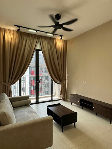 Living features: 3-seater fabric sofa in beige, coffee table in dark wood, TV console in dark wood, floor-to-ceiling windows, sheer curtains in beige, 5-blade ceiling fan with integrated LED light, light-colored walls, tile flooring; style: modern; view: city.