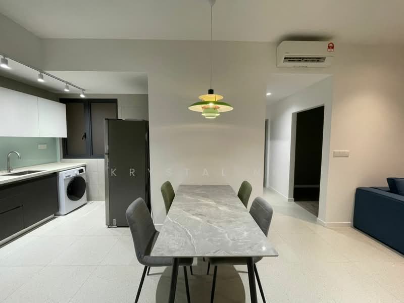 Dining features: marble dining table, 4 upholstered dining chairs, pendant light fixture, wall-mounted air conditioning unit, grey cabinetry, white upper cabinets, stainless-steel fridge, front-load washing machine, tile flooring, neutral wall colour, open layout to kitchen, sliding door to outside; style: modern. Kitchen features: stainless-steel sink, chrome pull-down faucet, white cabinetry, grey lower cabinets, built-in oven, ceramic cooktop, tile backsplash; style: modern.