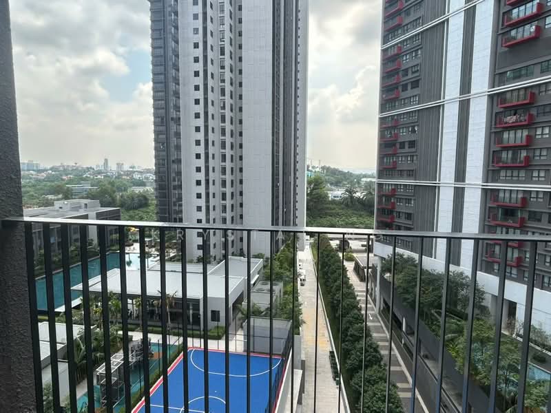 Room features: balcony with railing, view of city skyline, view of swimming pool, view of basketball court, surrounding high-rise buildings, landscaped garden area, paved walkway; style: modern; view: city.