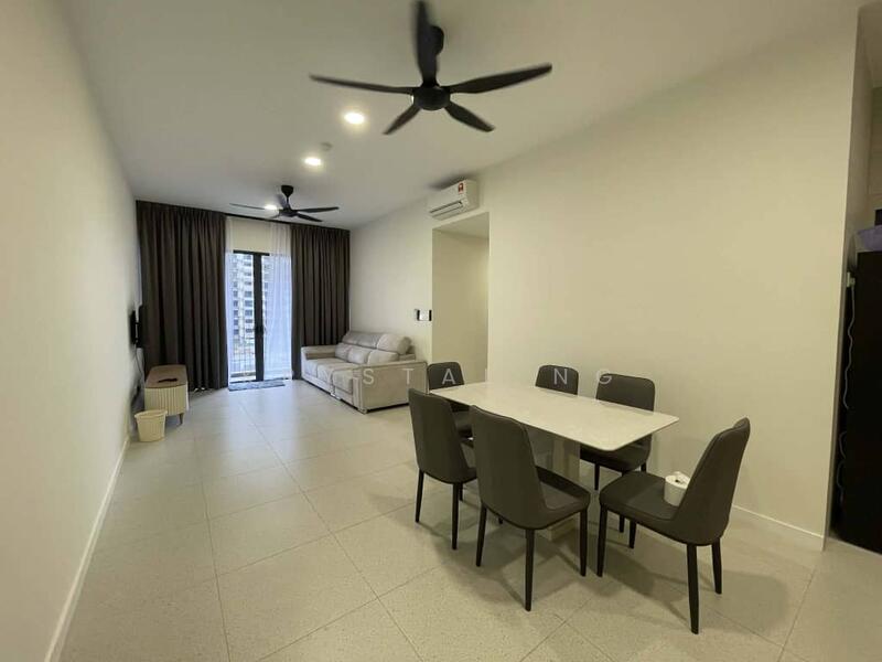 Living features: light grey tiled flooring, white painted walls, 2 ceiling fans, sofa in light grey fabric, 6-seater dining table with white top, 6 dining chairs in grey upholstery, floor-to-ceiling windows, blackout curtains, wall-mounted TV, air conditioning unit; style: modern; view: city.