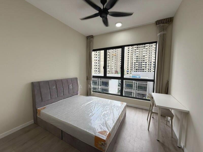 Bedroom features: queen-size bed, upholstered headboard, floor-to-ceiling windows, city view, light-colored painted walls, laminate flooring, ceiling fan, study desk, curtains; style: modern; view: city.