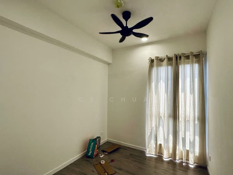Room features: white painted walls, laminate flooring, 5-blade ceiling fan, curtains, floor-to-ceiling windows, natural light, decorative light fixture.