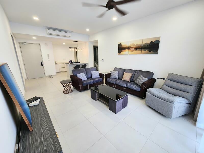 Living features: 3-seater fabric sofa in grey, 2-seater fabric sofa in dark brown, coffee table with dark surface, TV console with storage, wall-mounted TV, ceiling fan, recessed downlights, white painted walls, tile flooring, decorative artwork on wall, armchair in light grey, open layout to kitchen, large windows for natural light; style: modern.