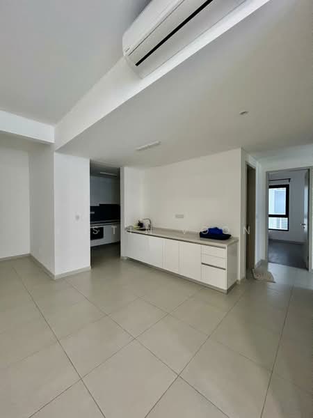 Room features: white painted walls, tile flooring, recessed ceiling lights, wall-mounted split AC, kitchen cabinetry with countertop, open layout, doorway leading to another room, neutral color scheme; style: modern.