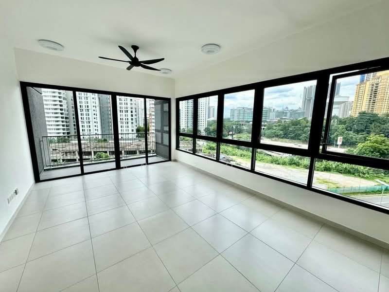 Living features: large floor-to-ceiling windows, black framed windows, white painted walls, ceiling fan, recessed downlights, light-colored tile flooring, open layout, balcony access, city view, greenery view; style: modern; view: city.