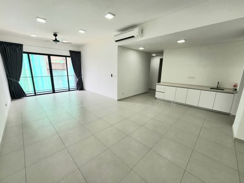 Living features: large floor-to-ceiling sliding glass door, grey tiled flooring, white painted walls, 5-blade ceiling fan with light, recessed LED downlights, blackout curtains, air conditioning unit, open layout to kitchen, balcony access, natural light from windows; style: modern. Kitchen features: white cabinetry, countertop with sink, built-in cabinetry, minimalist design, open layout to living area; style: modern.
