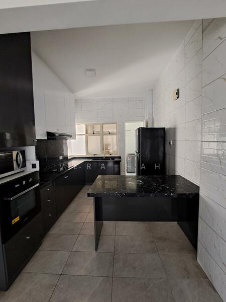 Kitchen features: black granite countertop, black cabinetry, white upper cabinets, stainless-steel microwave, stainless-steel oven, stainless-steel fridge, ceramic tile flooring, white tiled backsplash, single-bowl stainless-steel sink, chrome pull-down faucet, open layout, window for natural light, kitchen island; style: modern.