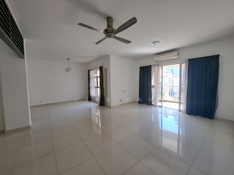 Living features: white painted walls, glossy tile flooring, 5-blade ceiling fan with light, floor-to-ceiling windows, sliding glass door, sheer curtains, blue blackout curtains, air conditioning unit, recessed downlights, light fixture, open layout, natural light, city view; style: modern; view: city.