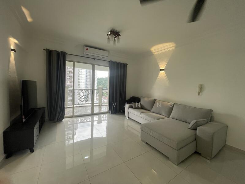 Living features: grey L-shape sectional sofa, black TV console, wall-mounted TV, recessed downlights, 5-blade ceiling fan, floor-to-ceiling windows, sliding glass door, white painted walls, glossy ceramic tile flooring, curtains in dark grey; style: modern; view: city.