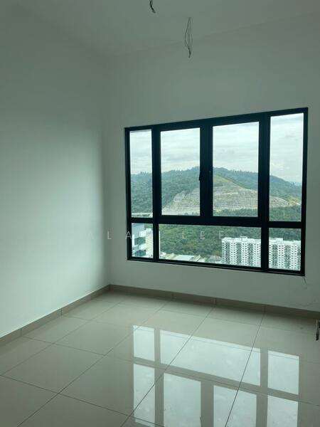 Room features: white painted walls, glossy ceramic tile flooring, large black-framed windows, mountain view, no visible furniture, minimalist design, neutral color scheme, high ceiling; style: modern; view: mountain.